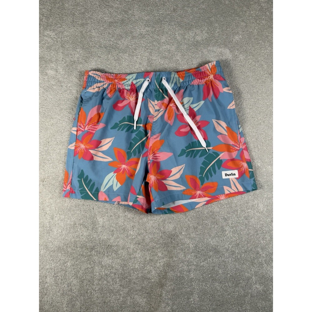 Duvin Men's Medium Tropical Floral Swim Trunks Blue Pink Orange Board Shorts
